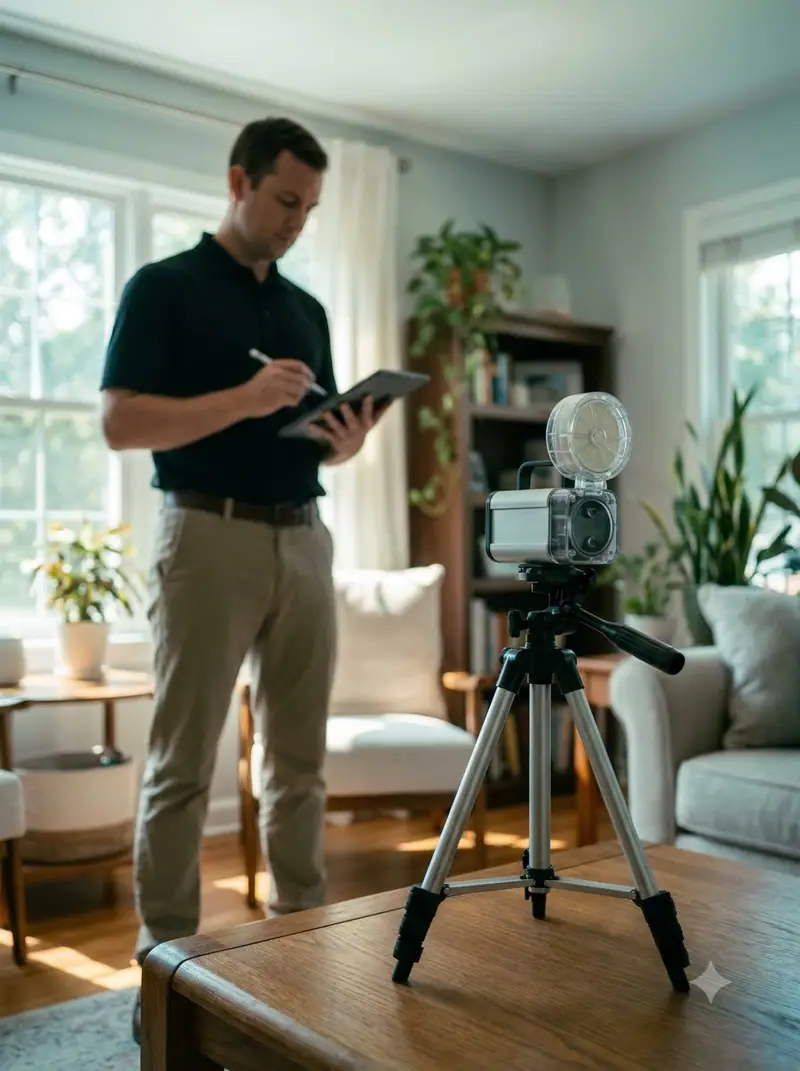 Technician recording notes beside an air sampling pump on a tripod in a living room