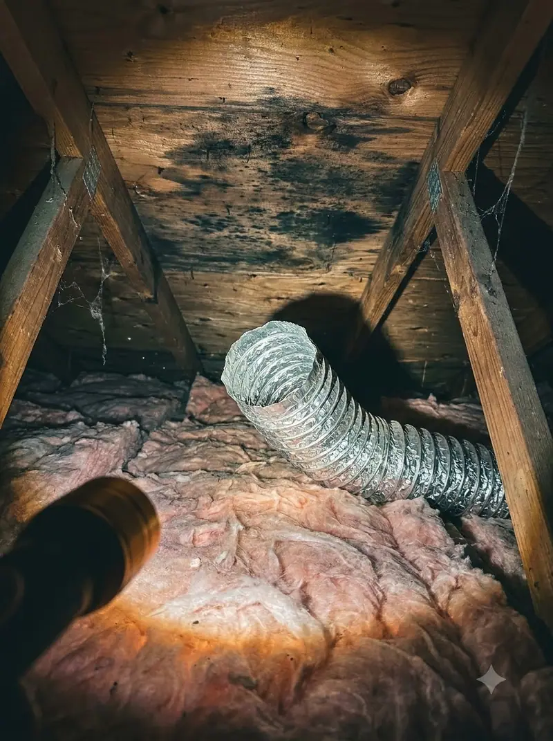 Flexible exhaust duct lying loose in an attic next to stained roof sheathing