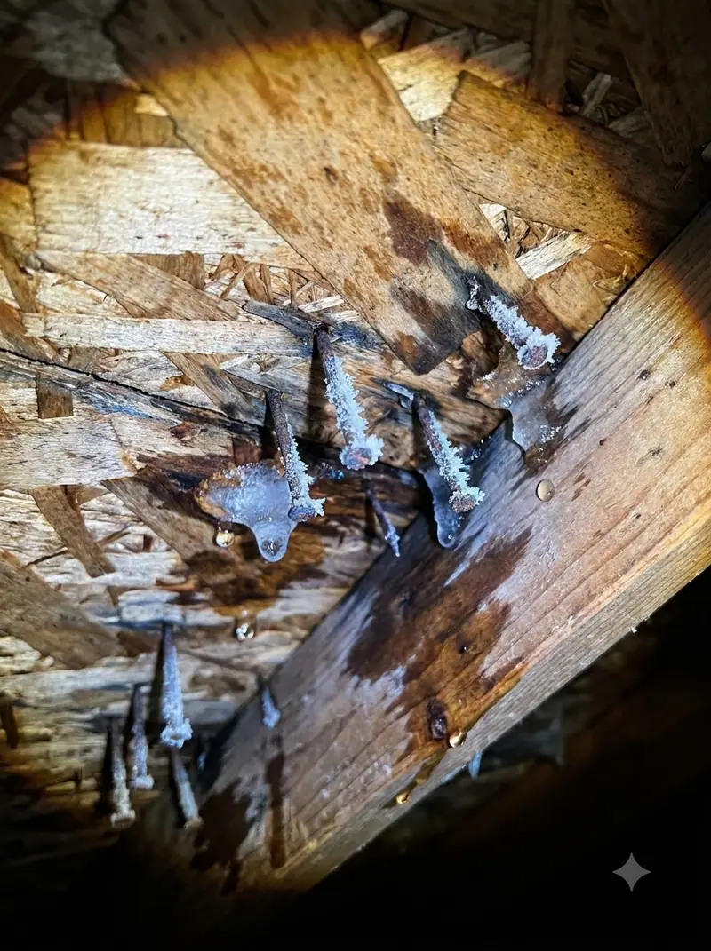 Frost melting on attic roof sheathing and nails