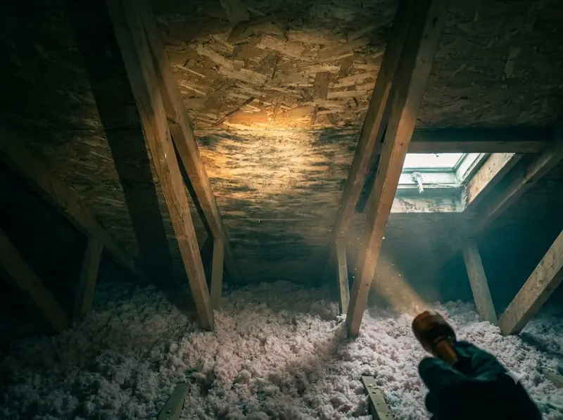 Dark mold staining across attic roof sheathing above insulation