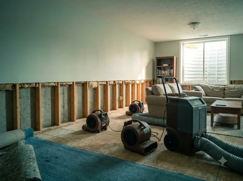 Finished basement with the lower drywall removed and air movers and a dehumidifier running