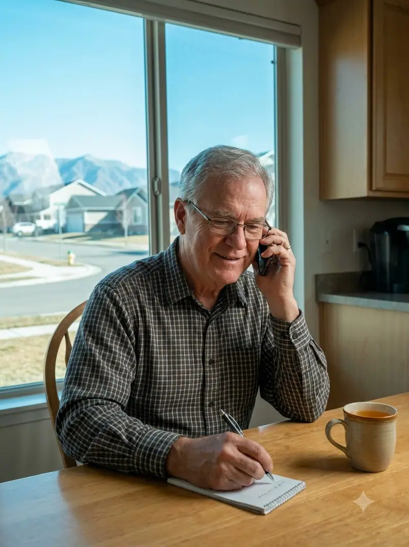 Man at a kitchen table talking on a phone and taking notes