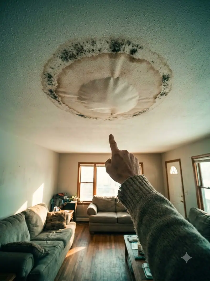 Person pointing at a large water stain on a living room ceiling