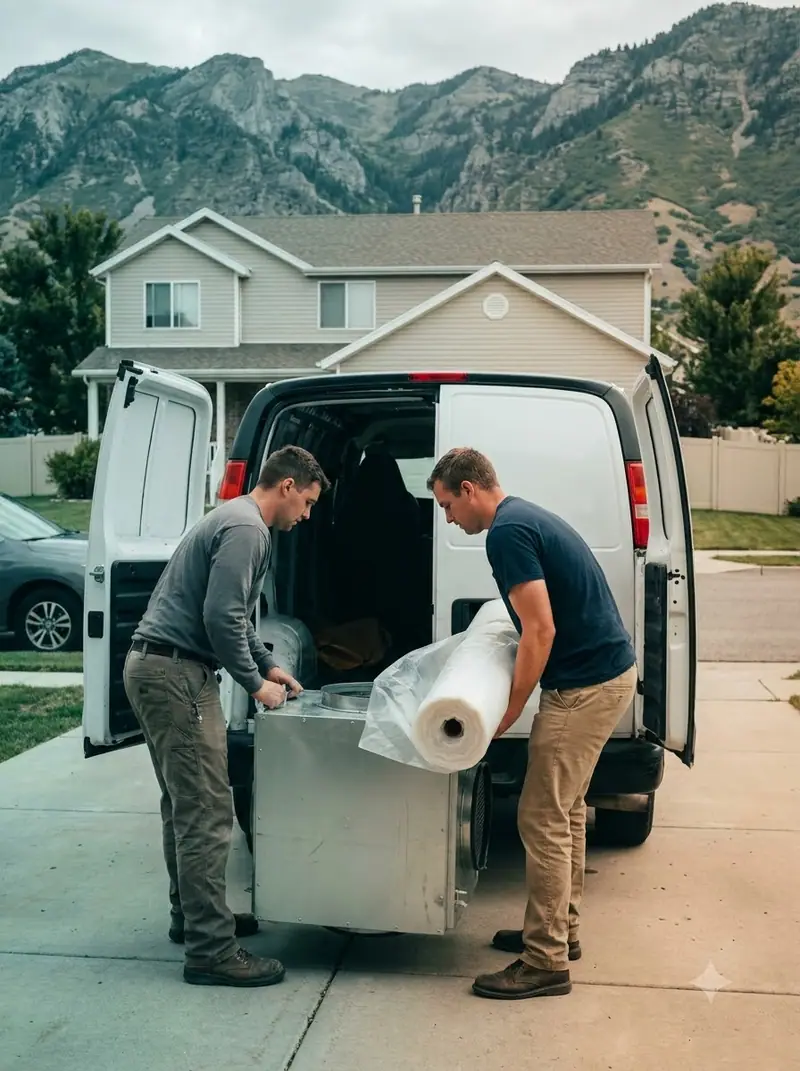 Two workers unloading plastic sheeting from a van in a driveway
