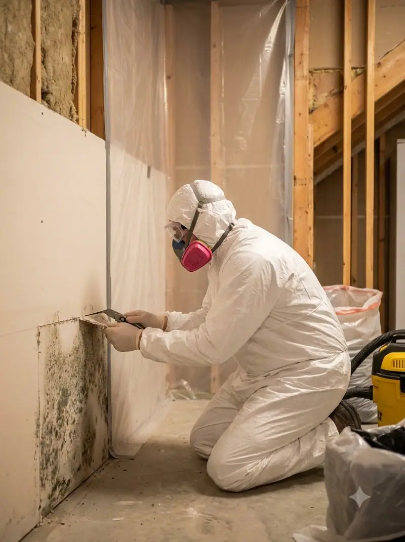 Technician in protective gear cutting out moldy drywall