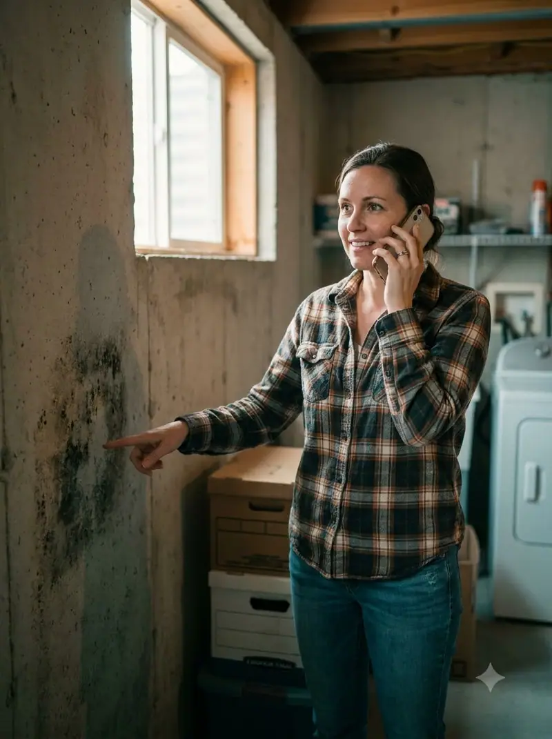 Woman on a phone call pointing at mold on a basement wall