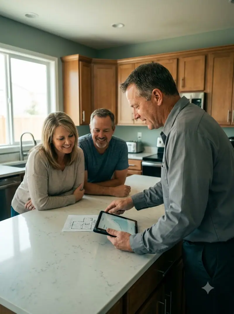 Professional reviewing a written estimate with two homeowners at a kitchen counter