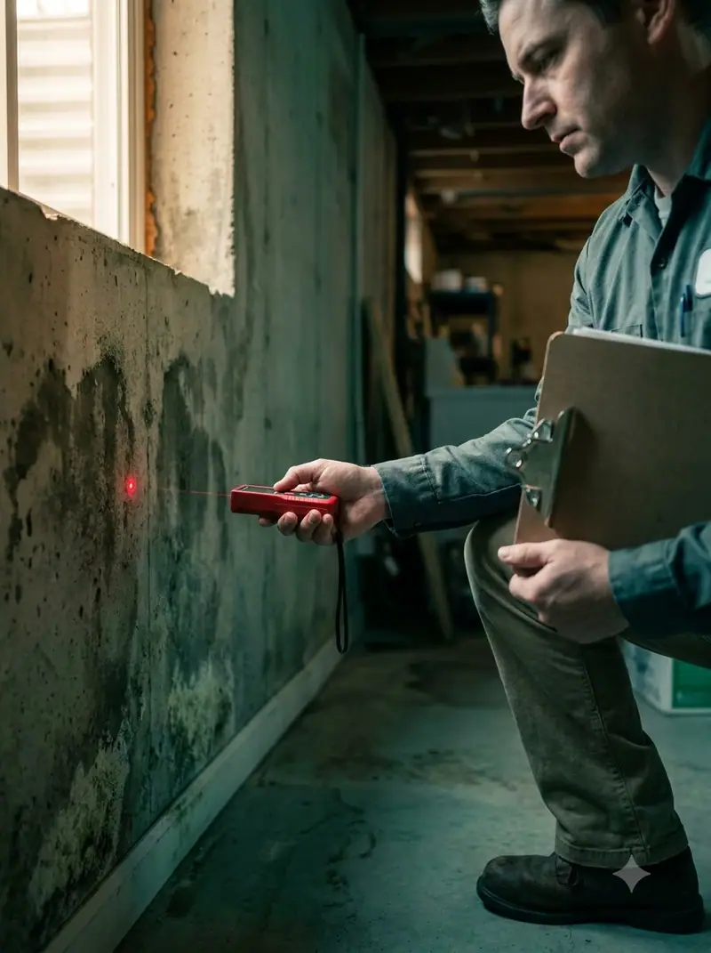 Professional checking a stained basement wall with a moisture meter