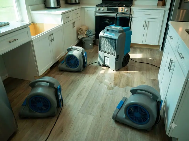 Air movers and a dehumidifier drying a kitchen floor after a water leak