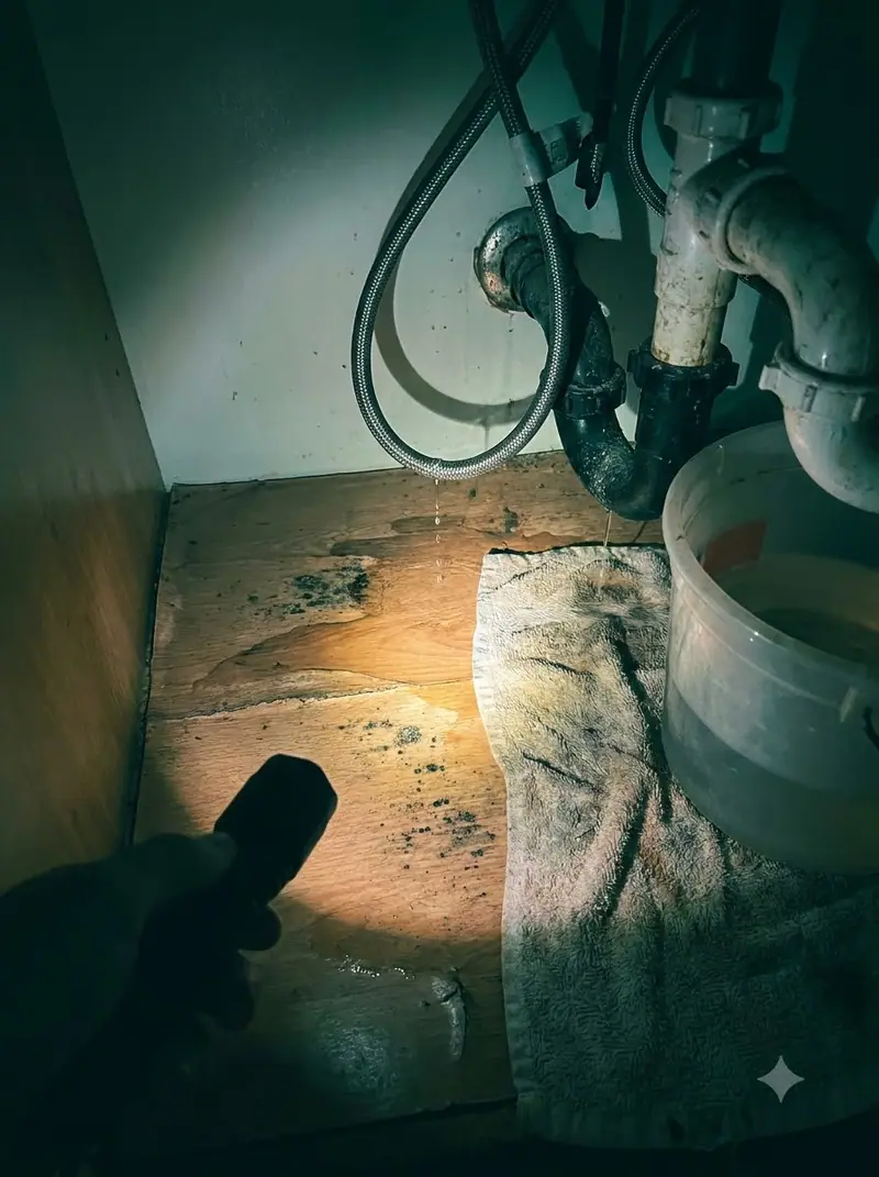 Water pooling under a sink cabinet from a leaking pipe