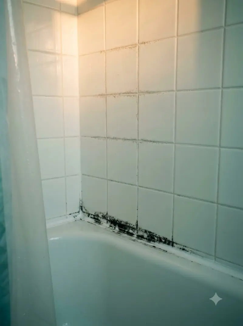Dark mildew along the grout line where bathtub tile meets the tub