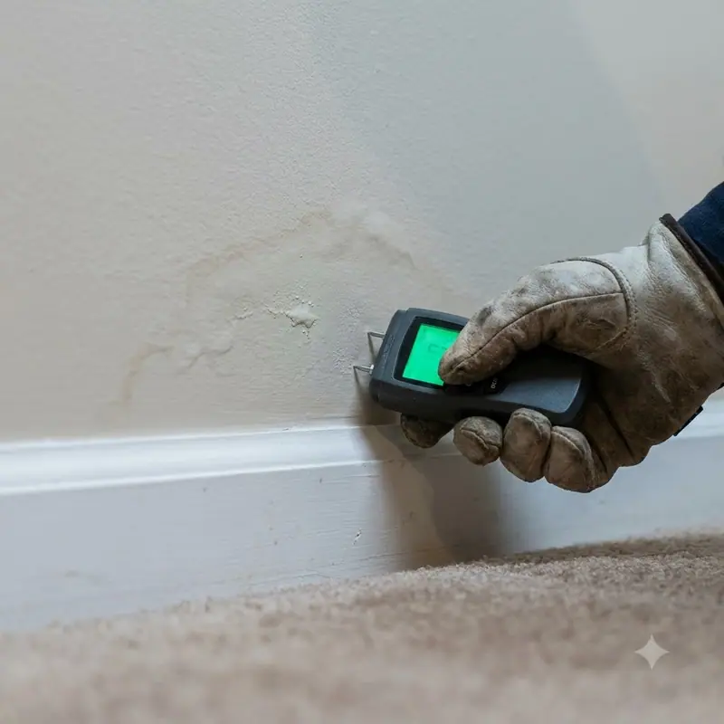 Moisture meter pressed against a water-stained wall