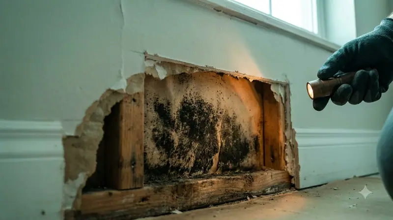 Flashlight showing heavy mold growth inside an opened drywall cavity