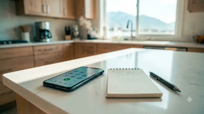 Phone, notepad and pen on a kitchen counter