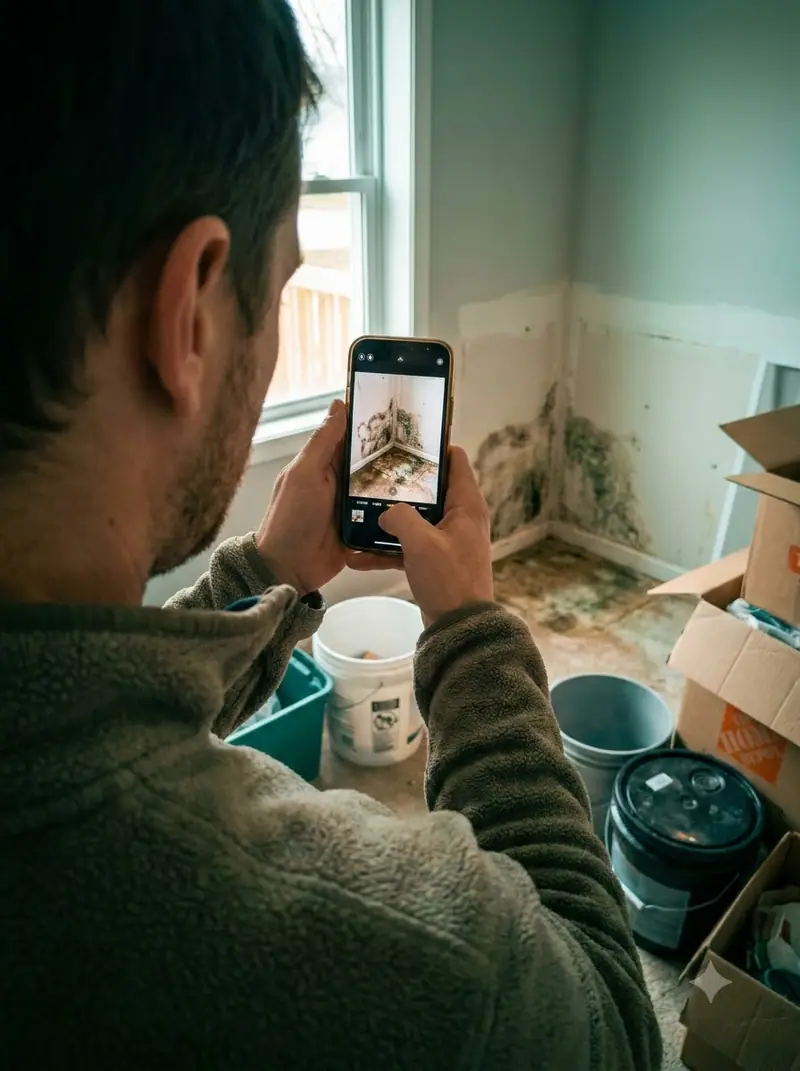 Homeowner photographing water damage with a phone