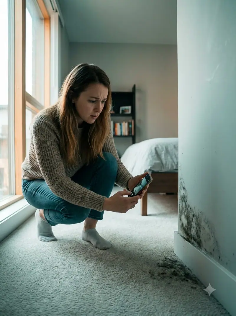 Woman crouching to photograph mold at the base of a bedroom wall