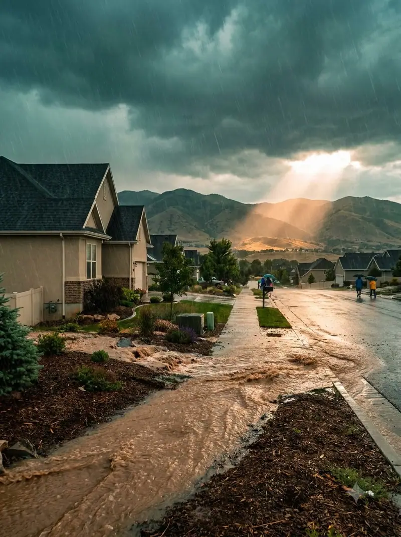 Storm runoff flowing down a sloped residential street