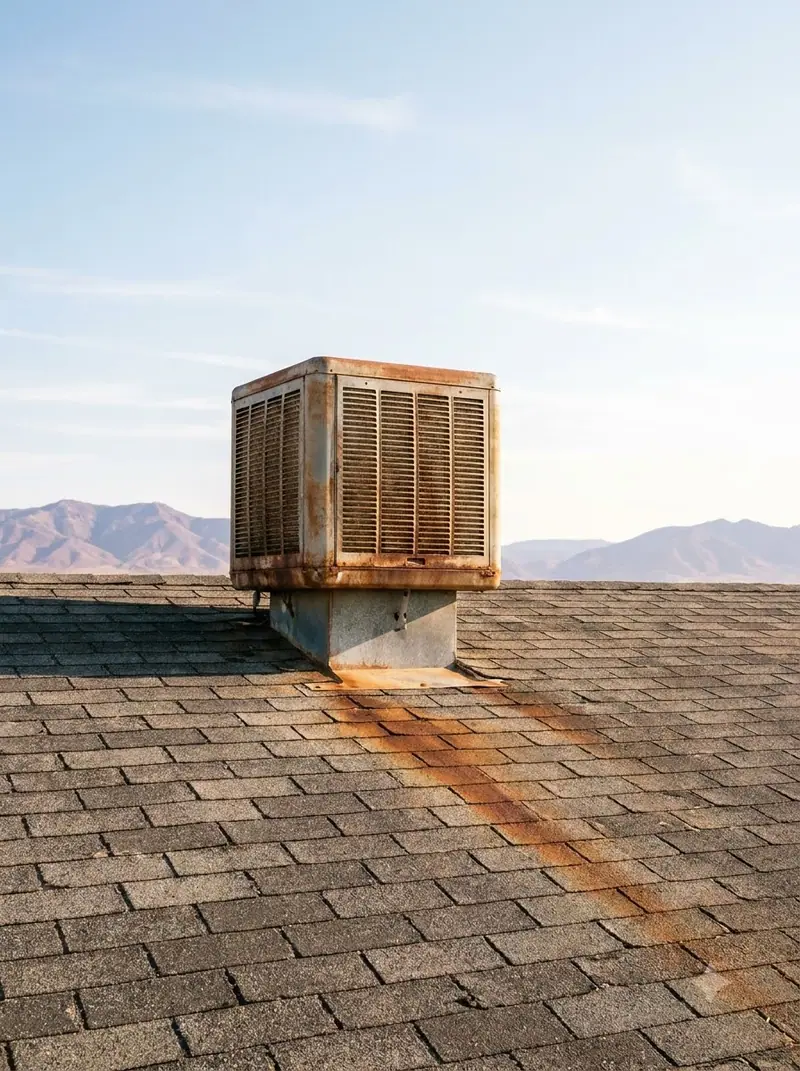 Evaporative cooler on a shingled roof with rust staining below it