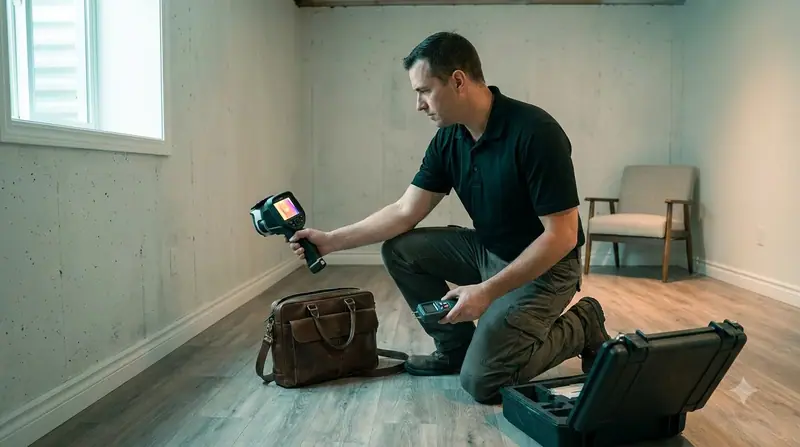 Inspector kneeling to scan a basement wall with a thermal imaging camera
