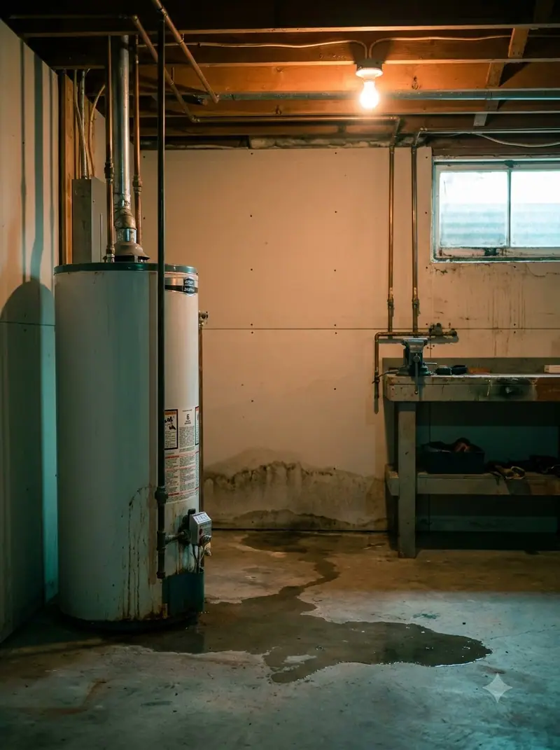 Water heater in an unfinished basement with water pooled on the floor