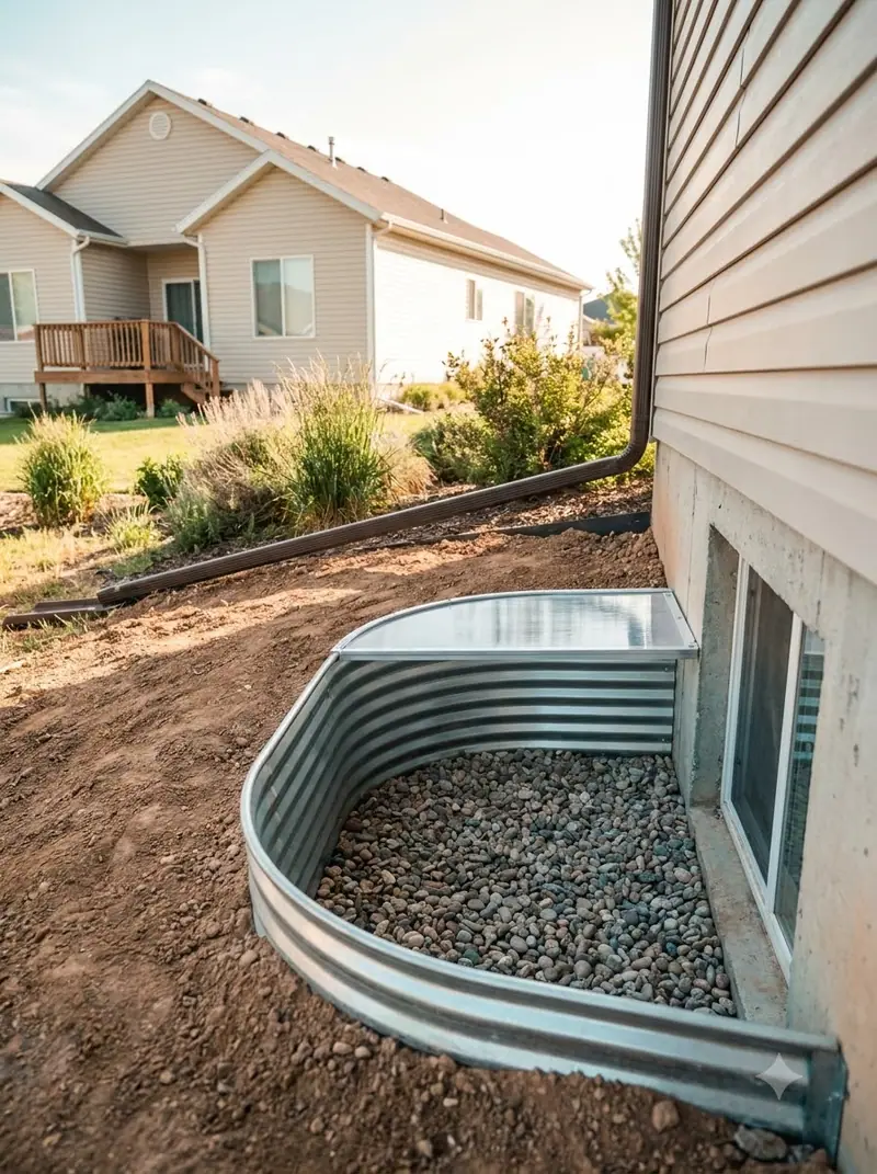 Metal window well with a gravel base beside a home's foundation