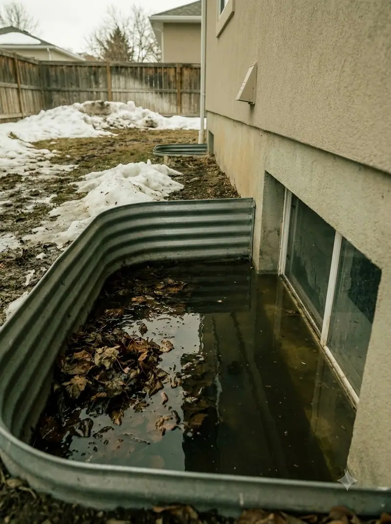 Basement window well holding standing water and debris beside melting snow